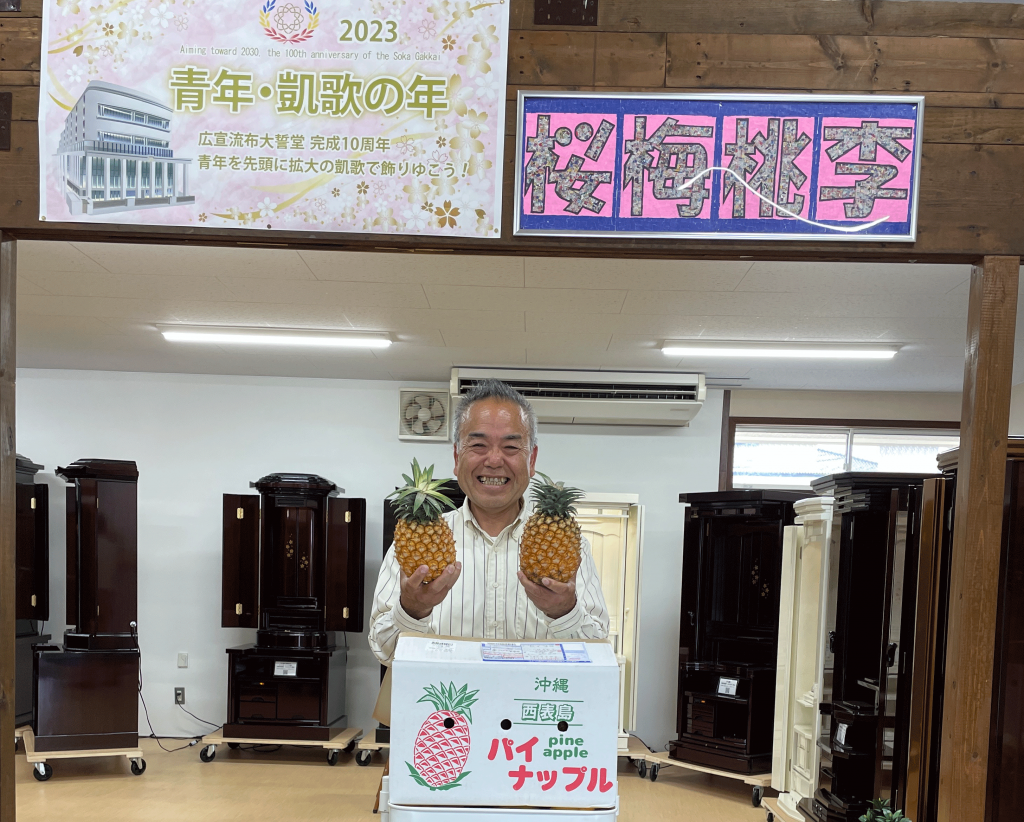 沖縄県の西表島産パインが贈られてきました。お仏壇を購入いただきその後も繋がって頂けて本当に嬉しい限り：しかも世界一甘い！と
