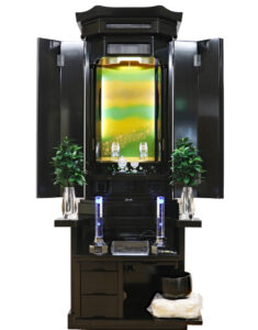【動画で全貌公開！】黒檀調中古仏壇(1301) – 桜透かしLEDと錦絵風背景の荘厳美 (桜梅桃李.com)