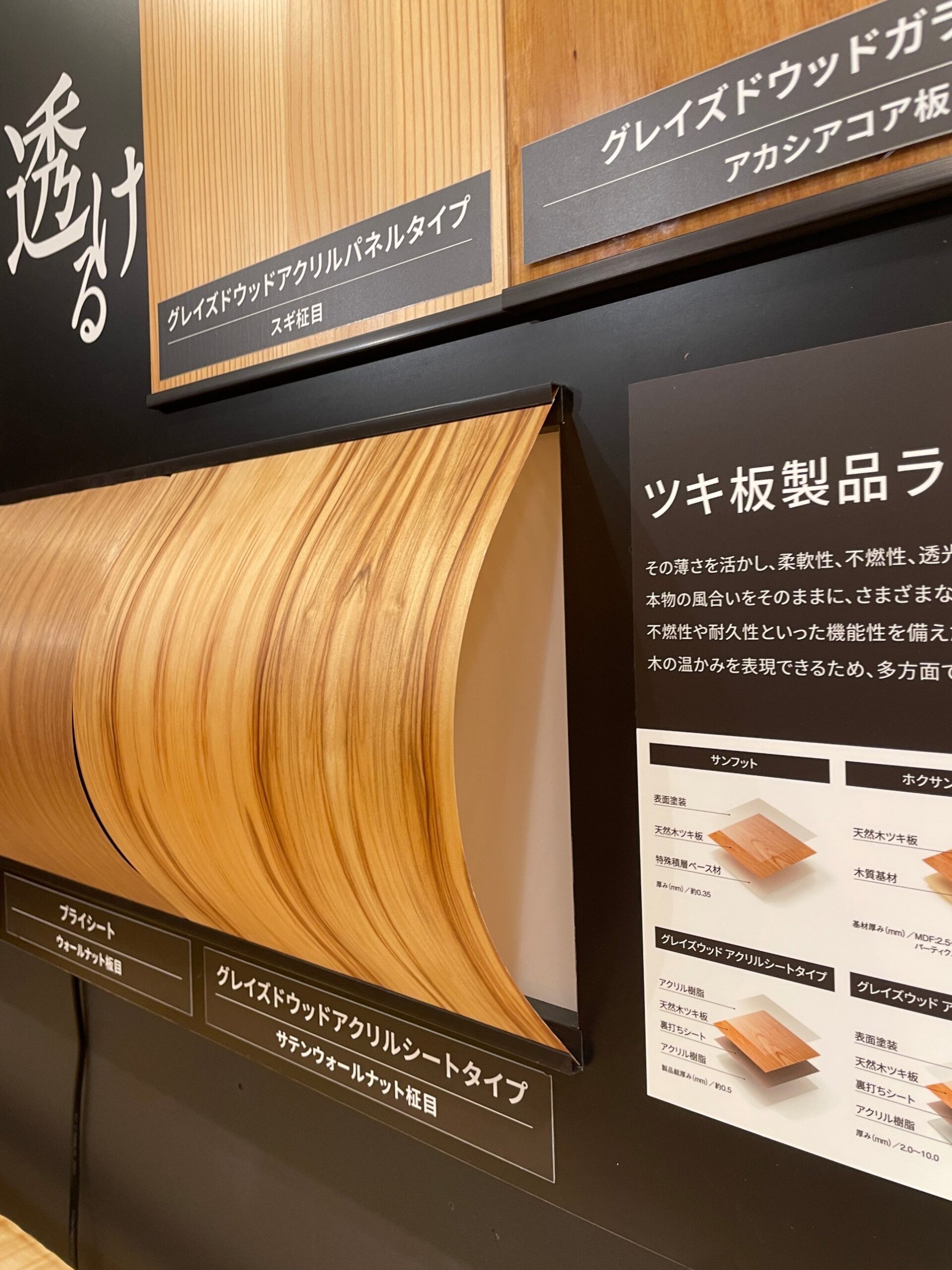 大きく曲がるサテンウォールナットのシートと光を透かすスギのアクリルパネル