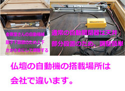 創価仏壇の自動開閉器の搭載場所は会社によって上についていたり下についていたりします。