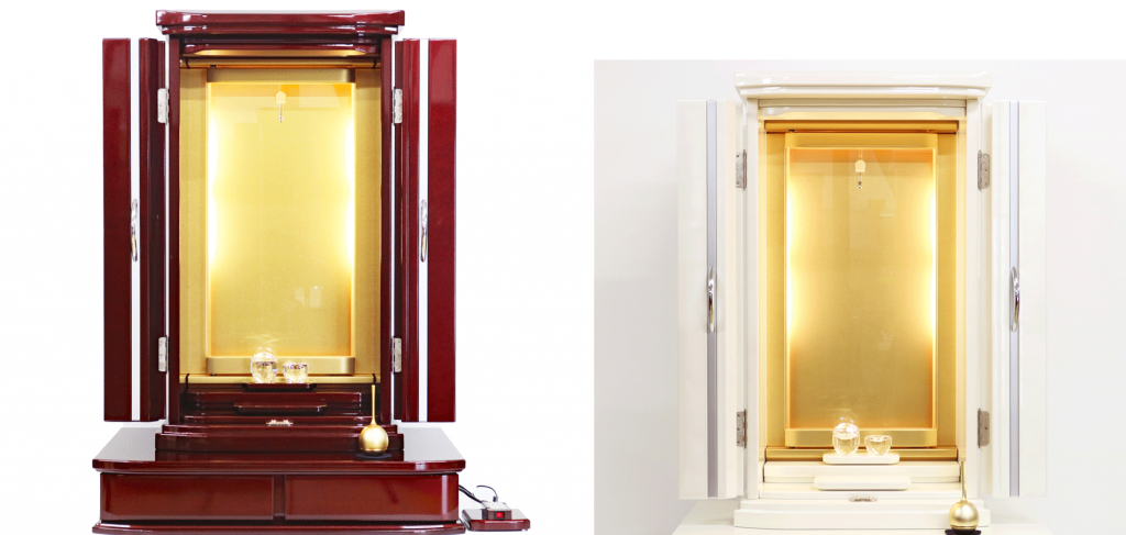 創価学会 上置き仏壇 「ローレル」 パールホワイト：専用台付 ワインレッド比較してみました