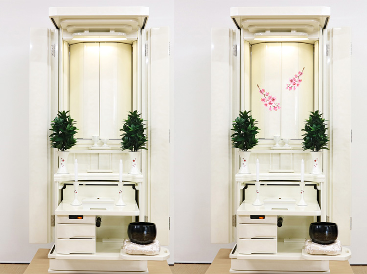 もしも桜の蒔絵を白い仏壇に書いてもらえますか？：当店はお客様のご要望にお答えできます。