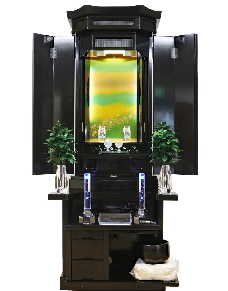 【動画で全貌公開！】黒檀調中古仏壇(1301) – 桜透かしLEDと錦絵風背景の荘厳美 (桜梅桃李.com)