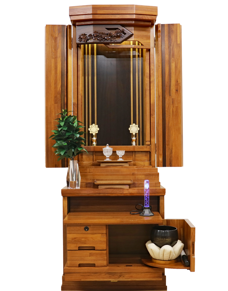 創価学会 家具調 中古仏壇 1306 チーク無垢 花包み:桜梅桃李から発売！