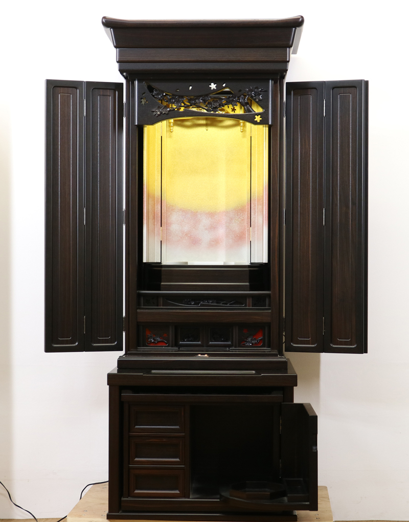 創価学会 厨子型収納仏壇 中古仏壇　719　金剛堂19本黒檀+下台　西陣金銀箔