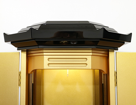 精悍な跳ね上がるような屋根が特徴の仏壇です。 